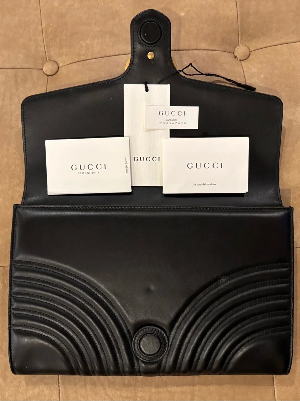Gucci Black Quilted Leather Large Clutch with Gold GG Chain Strap Attachment